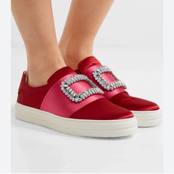 Roger Vivier Shoes - Roger Vivier Sneaky Viv Crystal Embellished Two Tone Satin Slip OnSneakers sz6,5